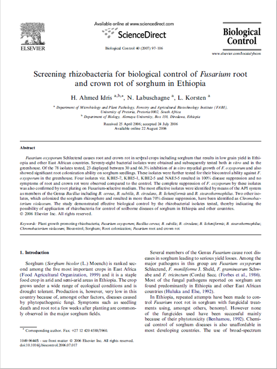 Screening rhizobacteria for biological control of Fusarium root and crown rot of sorghum in Ethiopia